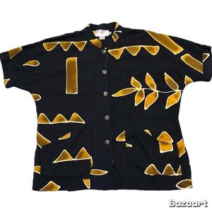 Tropical Attitudes Women’s Black with Brown Hawaiian Rayon Shirt with Pockets